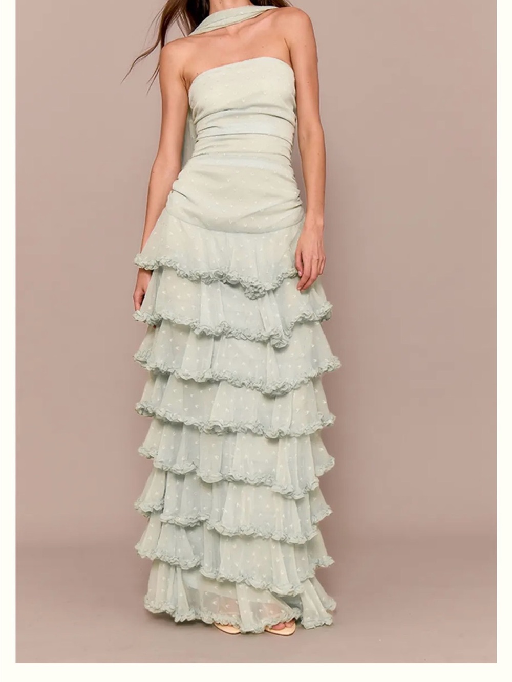 Strapless Tiered Ruffle Maxi Dress in Pale Mint